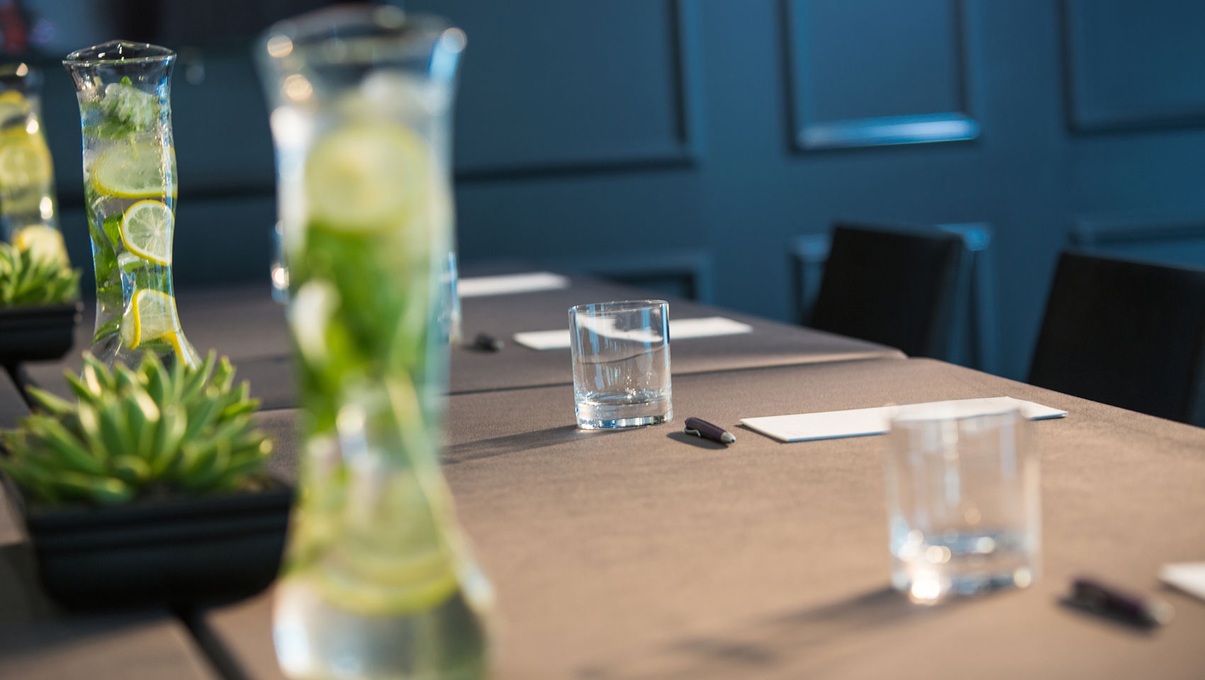 Event room table set for a meeting at 70 park hotel new york city