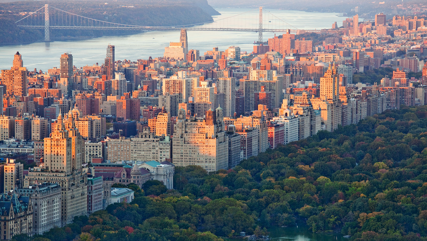Aerial view of tall Manhattan buildings and central park in New York City